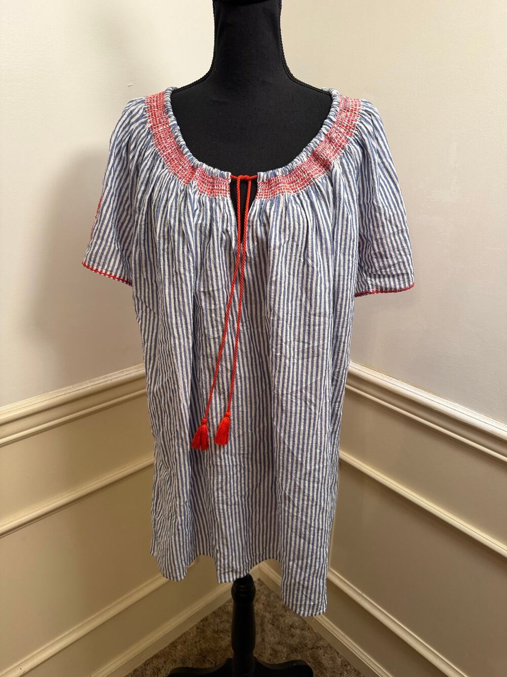 J.Crew Blue Striped Embroidered Boho Peasant Tunic Mini Dress Swim Cover-Up